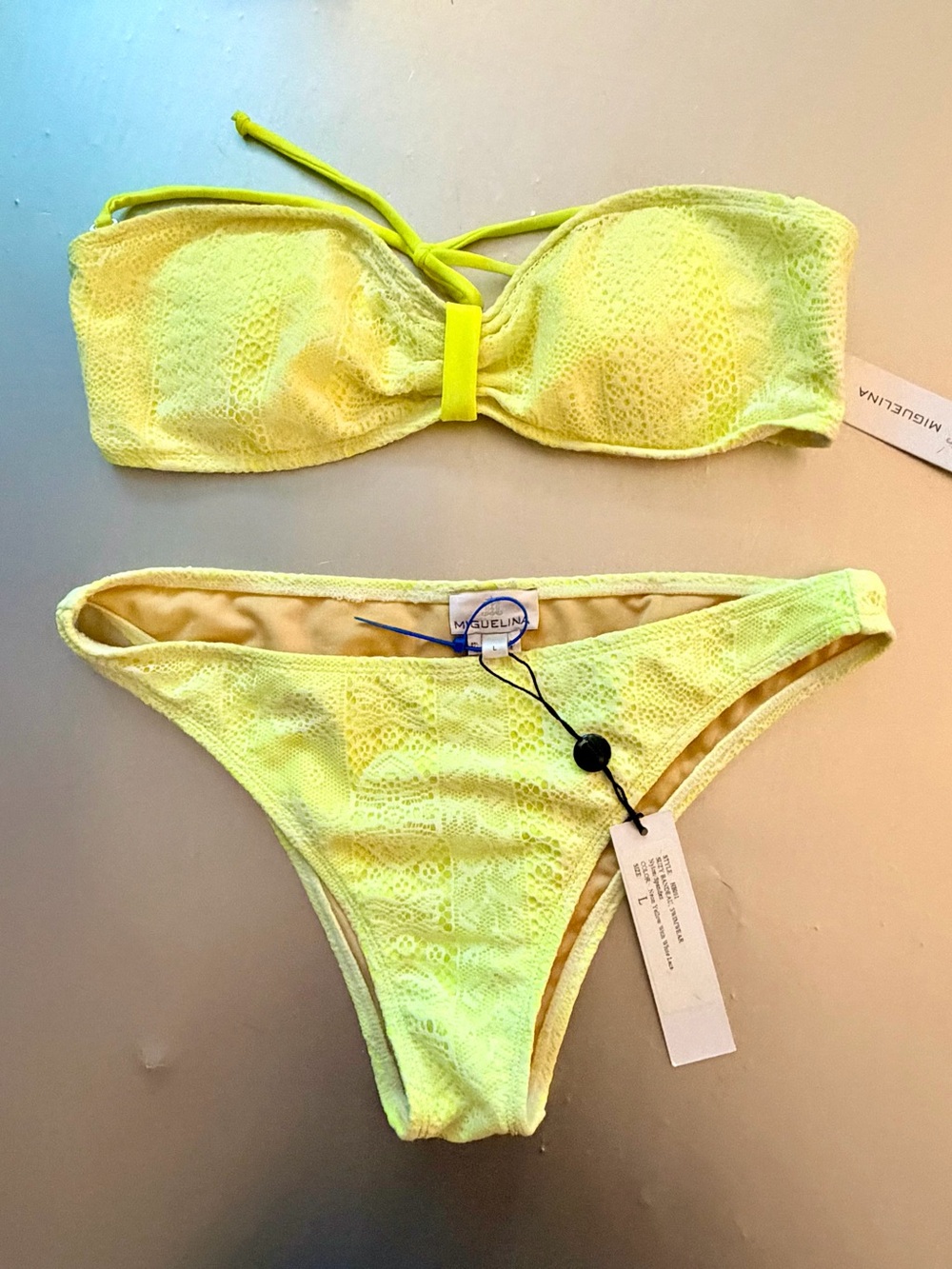 NWT Miguelina Neon Yellow Lace Bandeau Two-Piece Swim Set